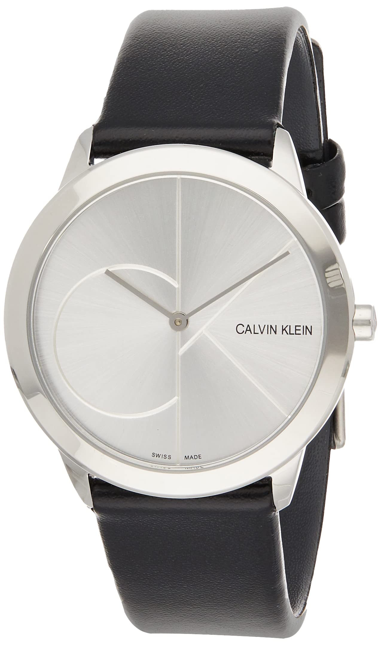 Three-quarter view of Calvin Klein Minimal watch with stainless steel case and black leather band