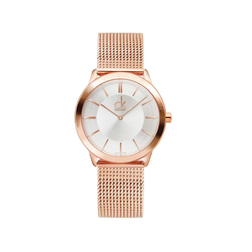 Calvin Klein K3M22626 minimal rose gold ladies watch on white background