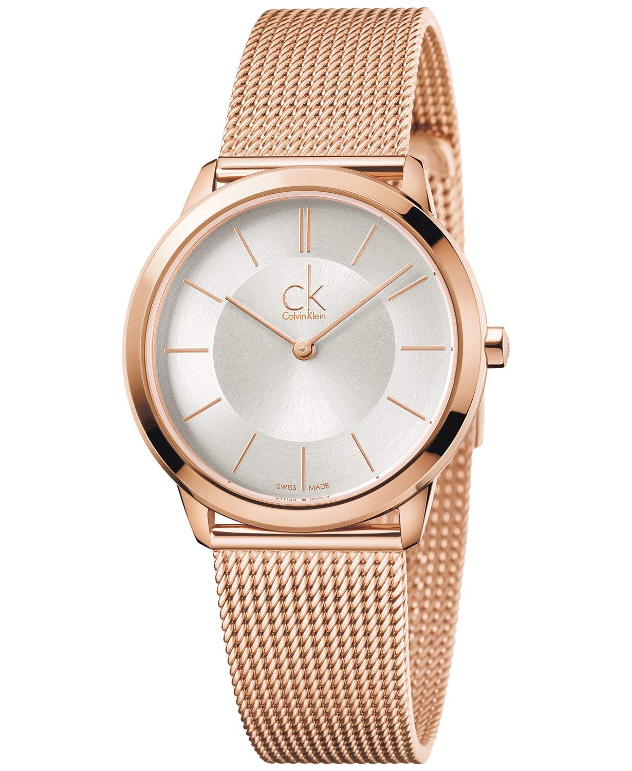 Calvin Klein Minimal rose gold ladies watch with silvered dial and mesh bracelet