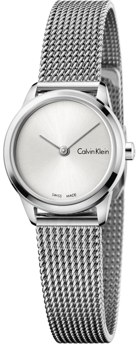 Calvin Klein Minimal Lady small silver watch on wrist with mesh band