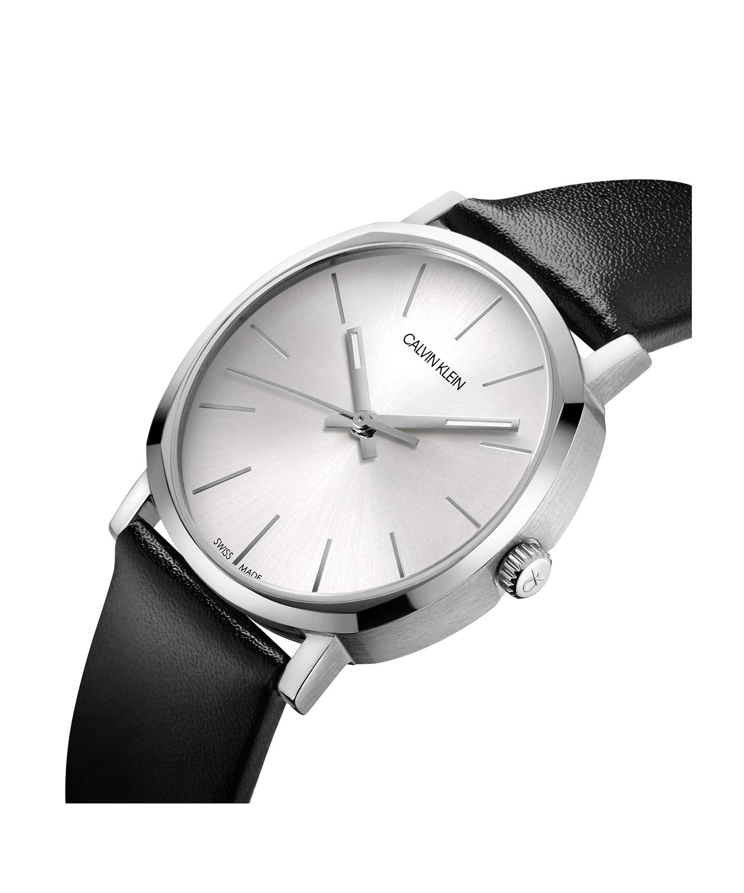 Calvin Klein Posh watch worn on wrist with silver case and black strap