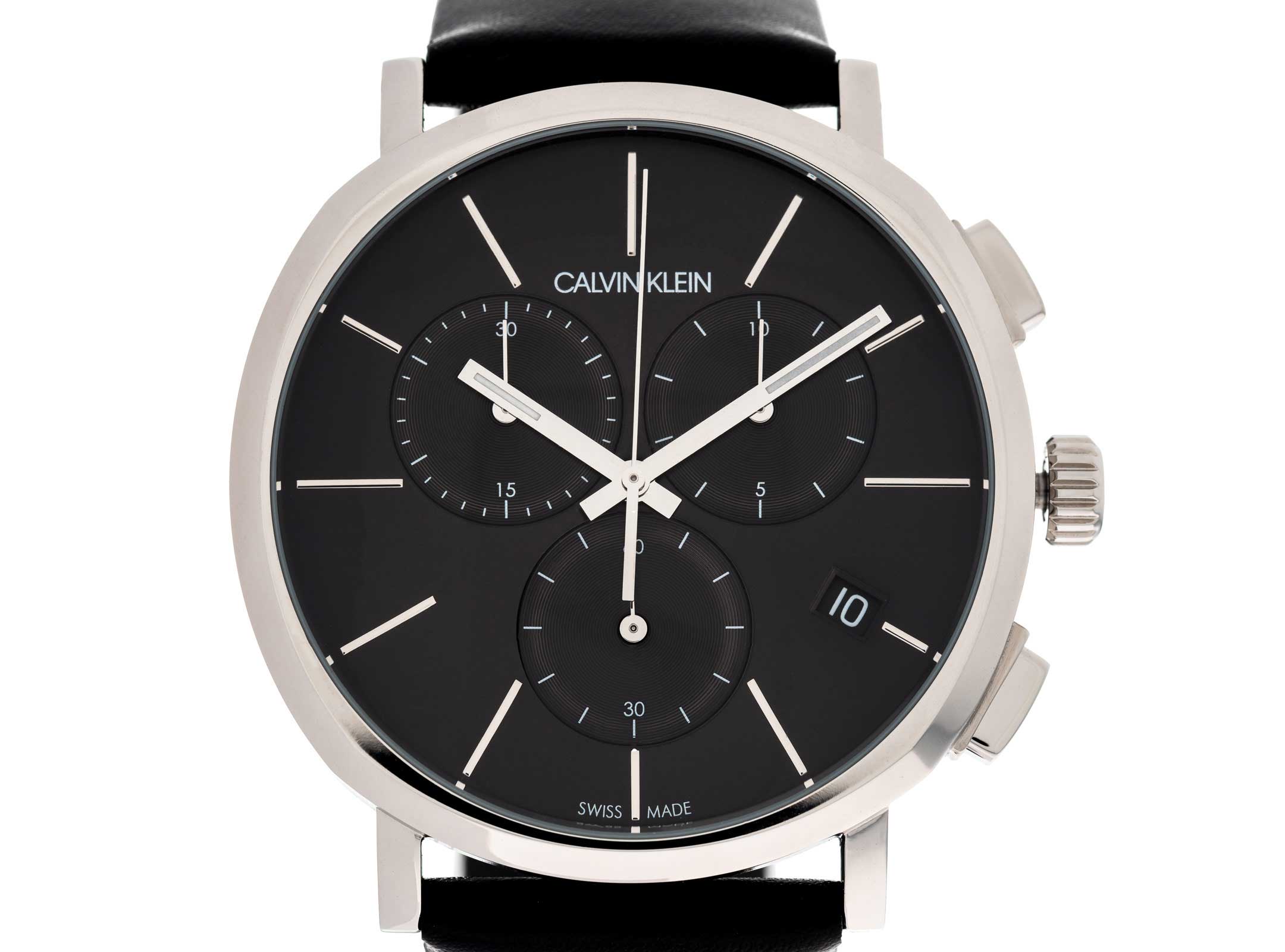 Close-up of Calvin Klein Posh K8Q371C1 black dial with chronograph subdials