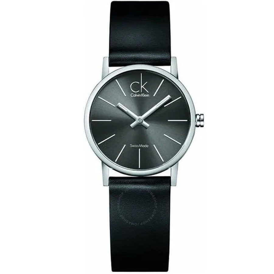 Calvin Klein Post Minimal ladies watch with grey dial, silver case, and black leather strap