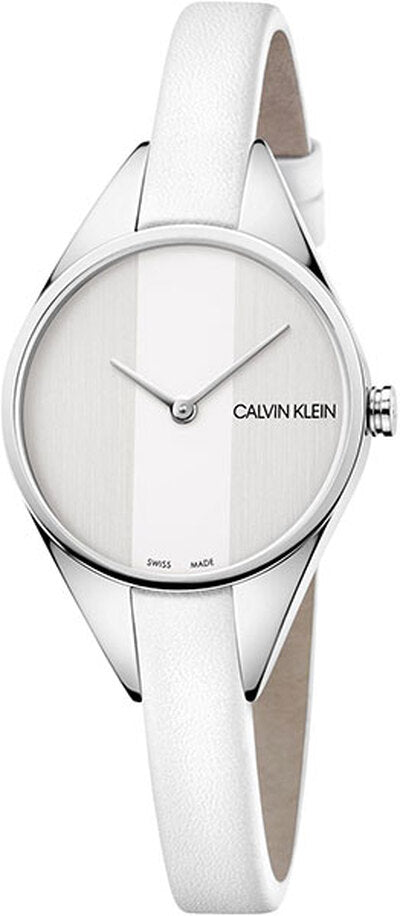 Calvin Klein Rebel women's watch with silver dial and white leather strap