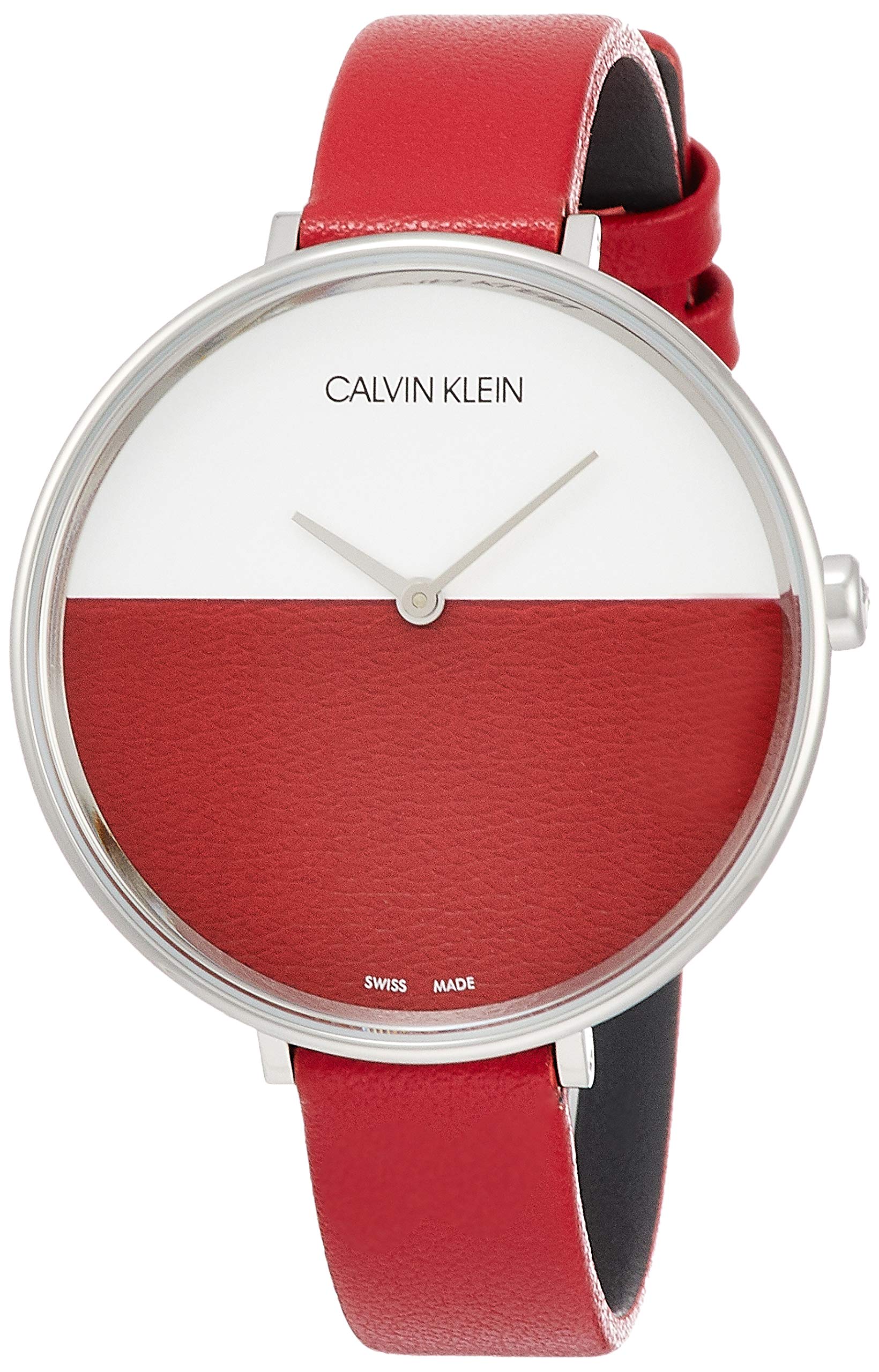 Calvin Klein Rise watch angled view showing red textured dial half and leather band