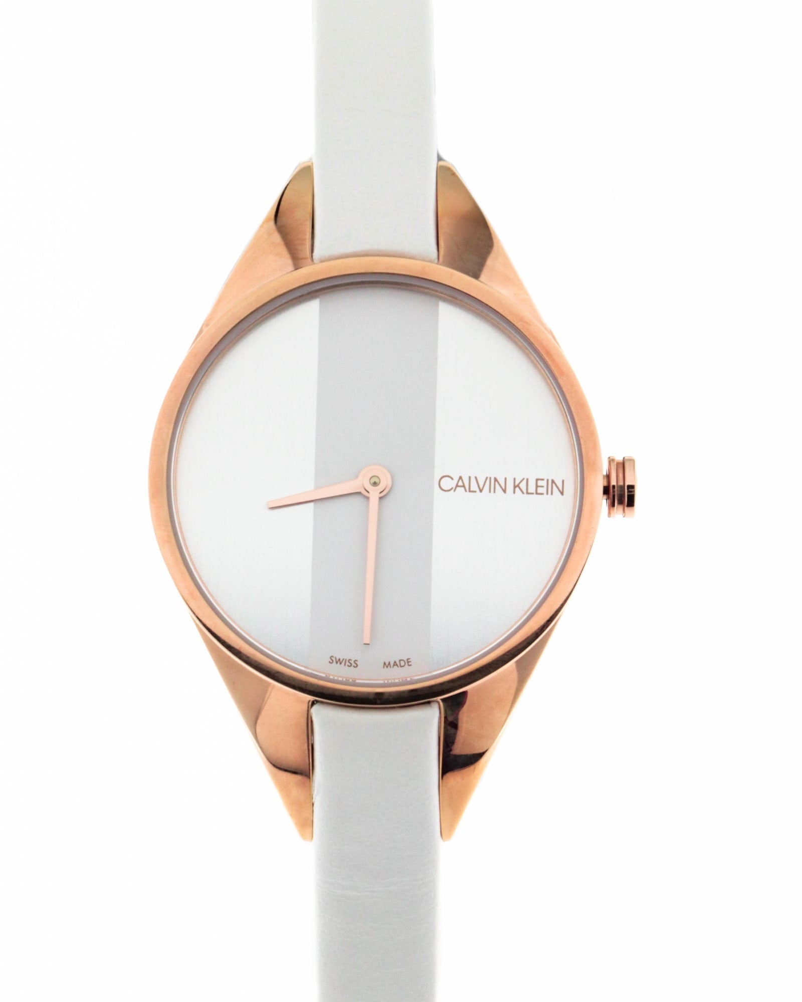 Calvin Klein Rise dial detail showing white mother of pearl finish and rose gold hands