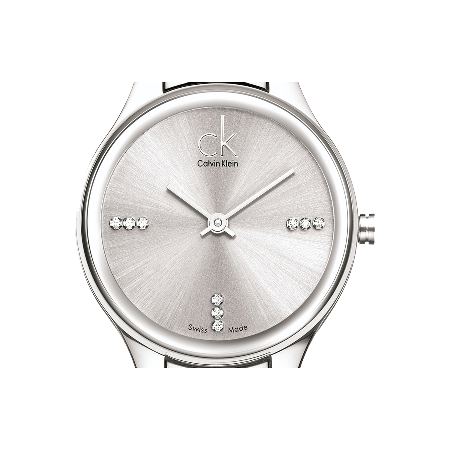 Calvin Klein Simplicity dial close-up with crystal markers at 12, 3, 6, and 9 positions