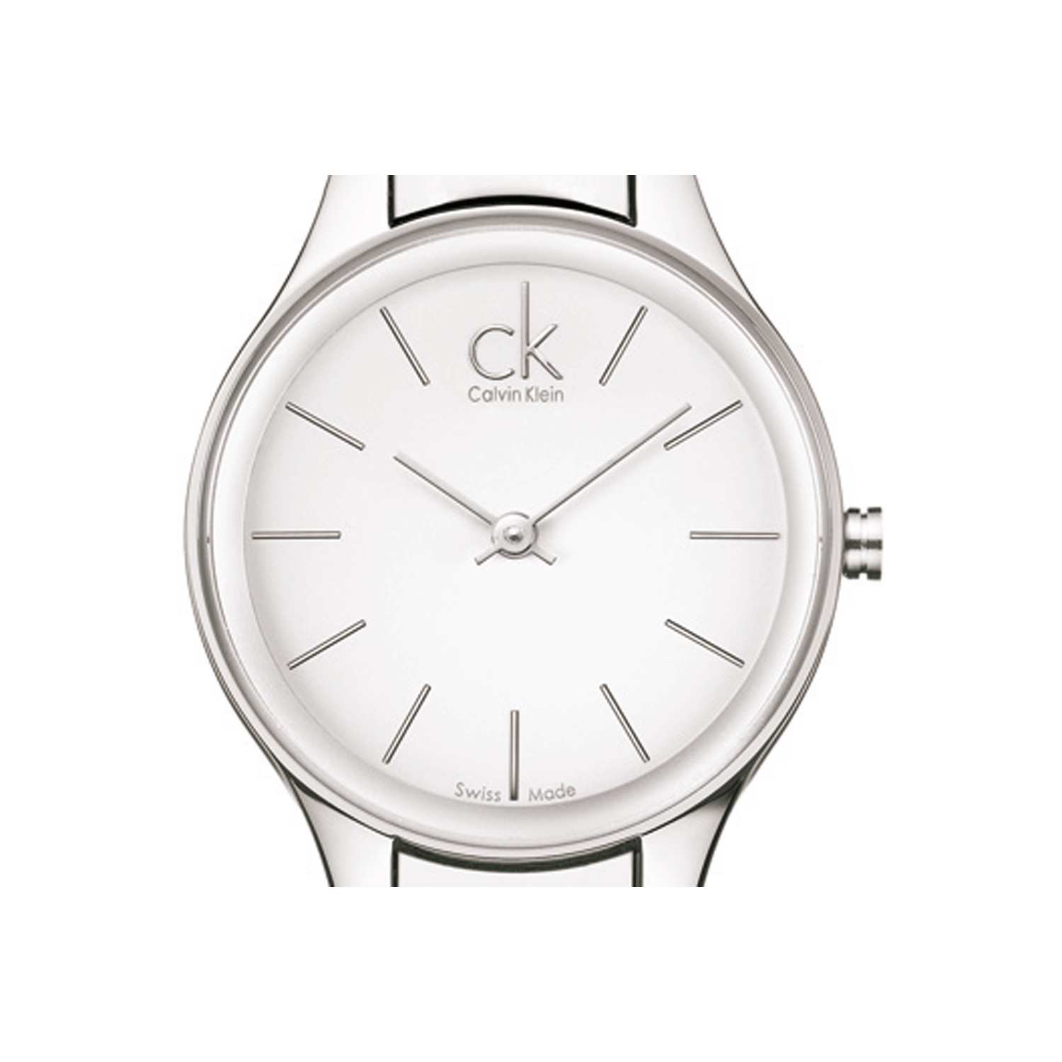 Dial detail of Calvin Klein Simplicity showing white face with silver markers