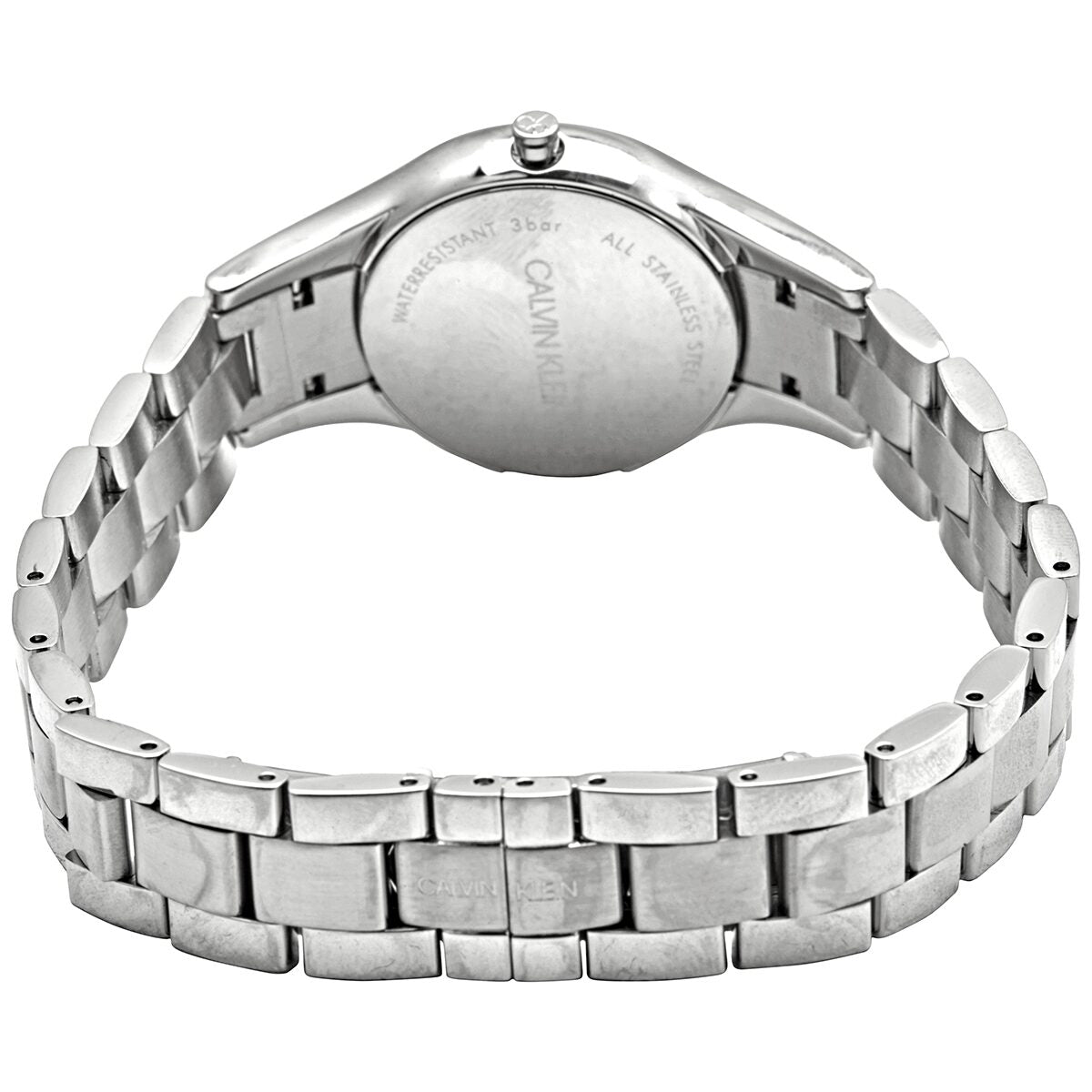 Calvin Klein Simplicity ladies watch caseback showing stainless steel bracelet