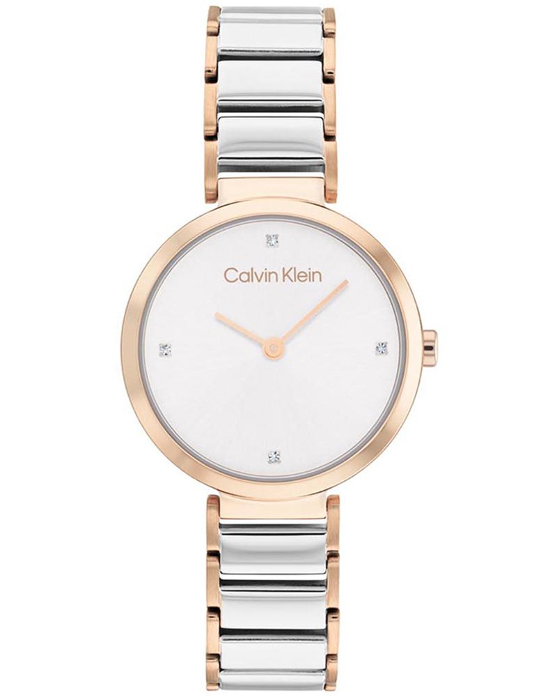 Calvin Klein Stately quartz watch with white dial, rose gold case, and two-tone stainless steel bracelet