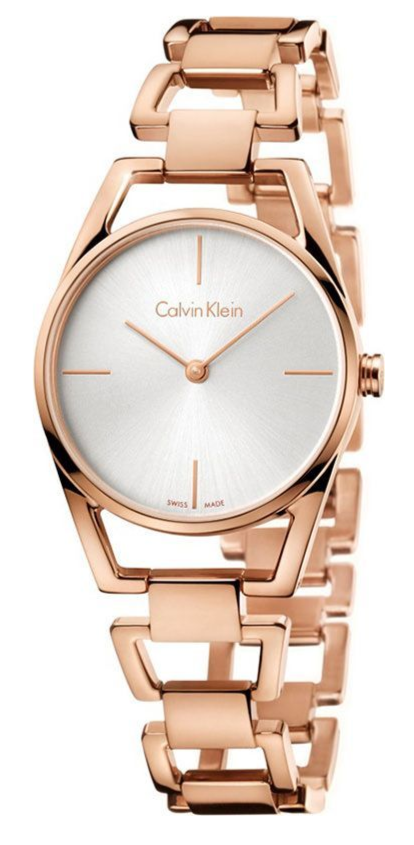 Calvin Klein Stately ladies watch with rose gold case and bracelet, silver dial