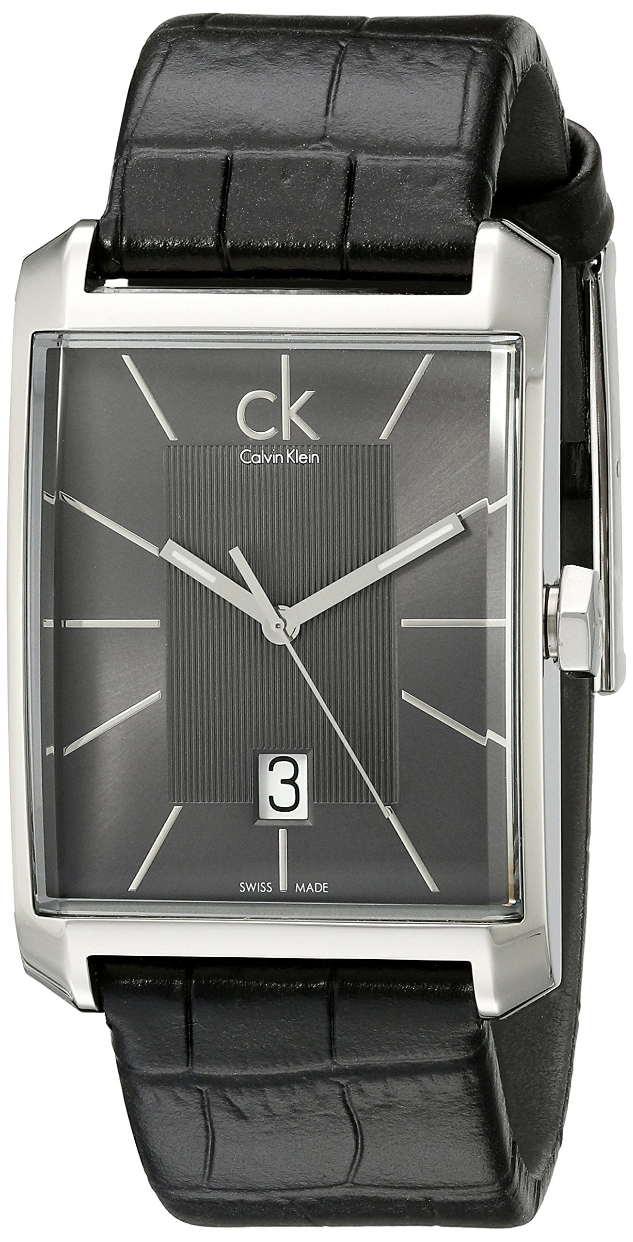 Side angle view of Calvin Klein Window rectangular watch K2M21107 with black strap