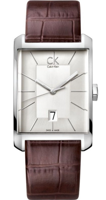 Calvin Klein Window K2M21126 men's watch with rectangular silver dial and brown leather strap