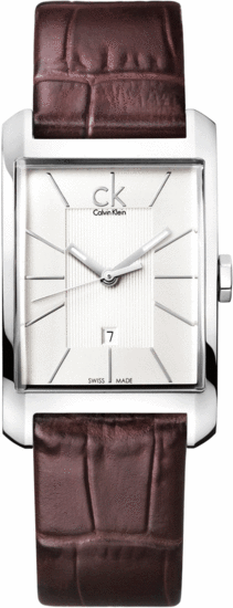 Calvin Klein Window watch at angle showing case and brown leather strap