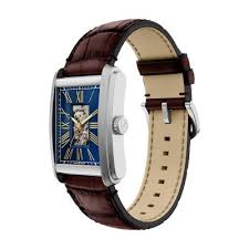 Carraway automatic watch angle view showing blue dial and brown crocodile leather strap
