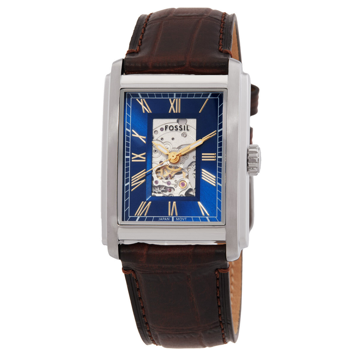 Carraway automatic watch with blue dial, Roman numerals, and visible movement, brown croco leather strap