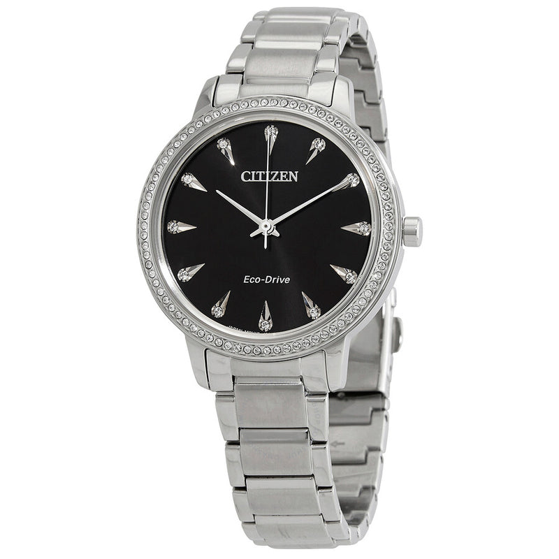 Citizen Eco-Drive Crystal Black Dial Stainless Steel Ladies Watch FE7040-53E - The Watches Men & Co