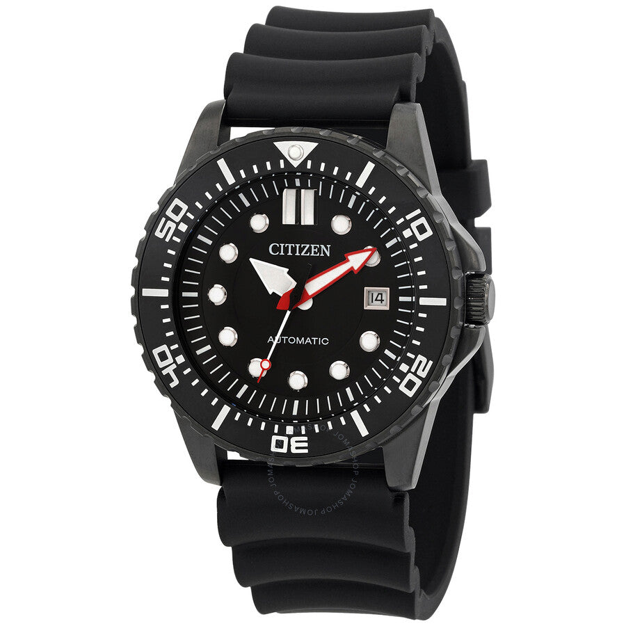 Citizen automatic men's watch with black dial, applied hour markers, and black rubber strap