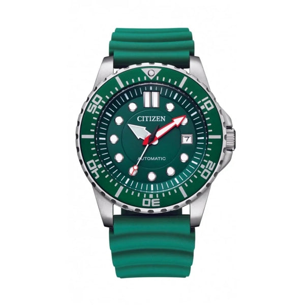 Citizen NJ0129-10X automatic watch with green dial and green rubber strap