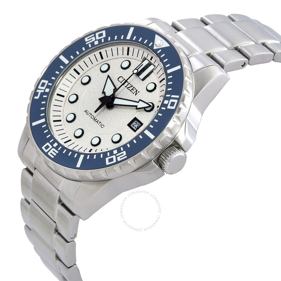 Citizen Automatic watch side angle view showing stainless steel bracelet and blue bezel