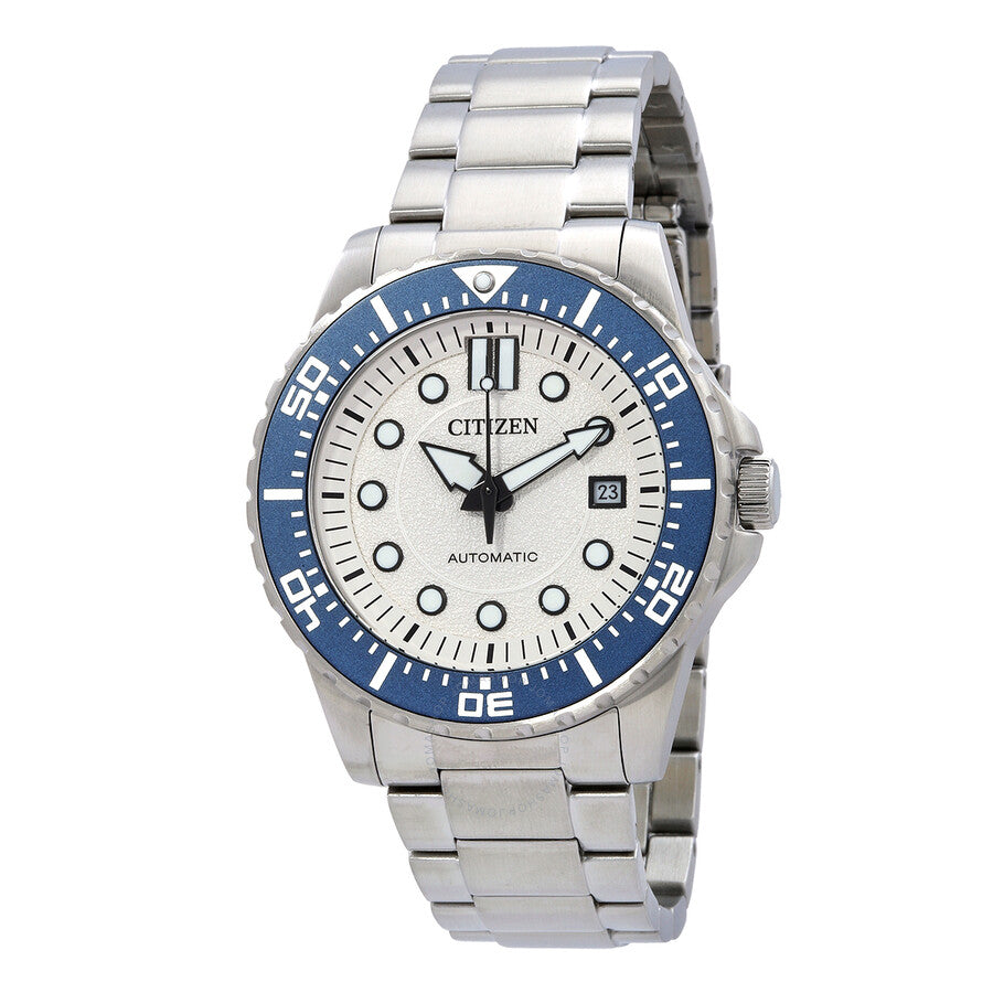 Citizen Automatic watch with white dial and blue bezel on stainless steel bracelet