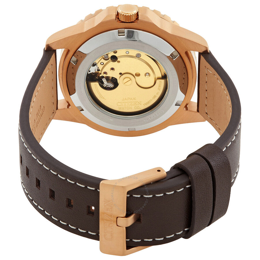 Caseback of Citizen automatic watch showing mechanical movement and rose gold case