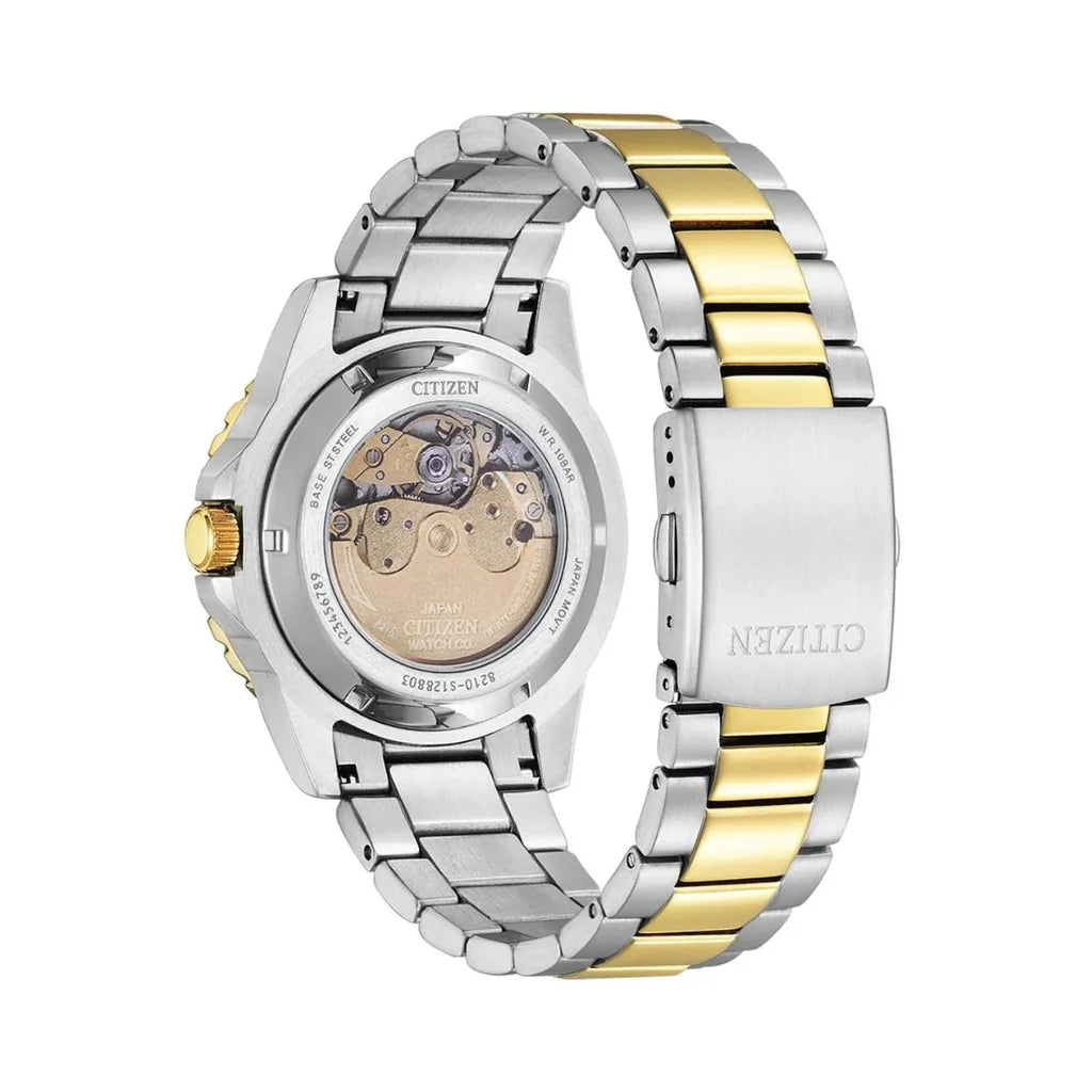 Transparent case back revealing automatic movement and two-tone bracelet