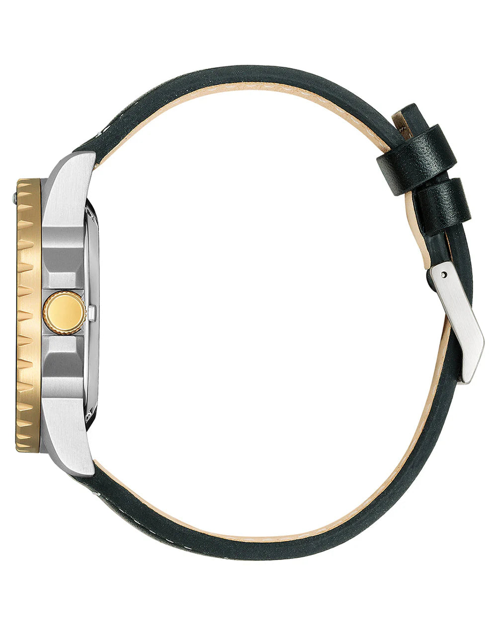 Citizen NJ0176-10E side profile showing two-tone case and black leather strap with stitching