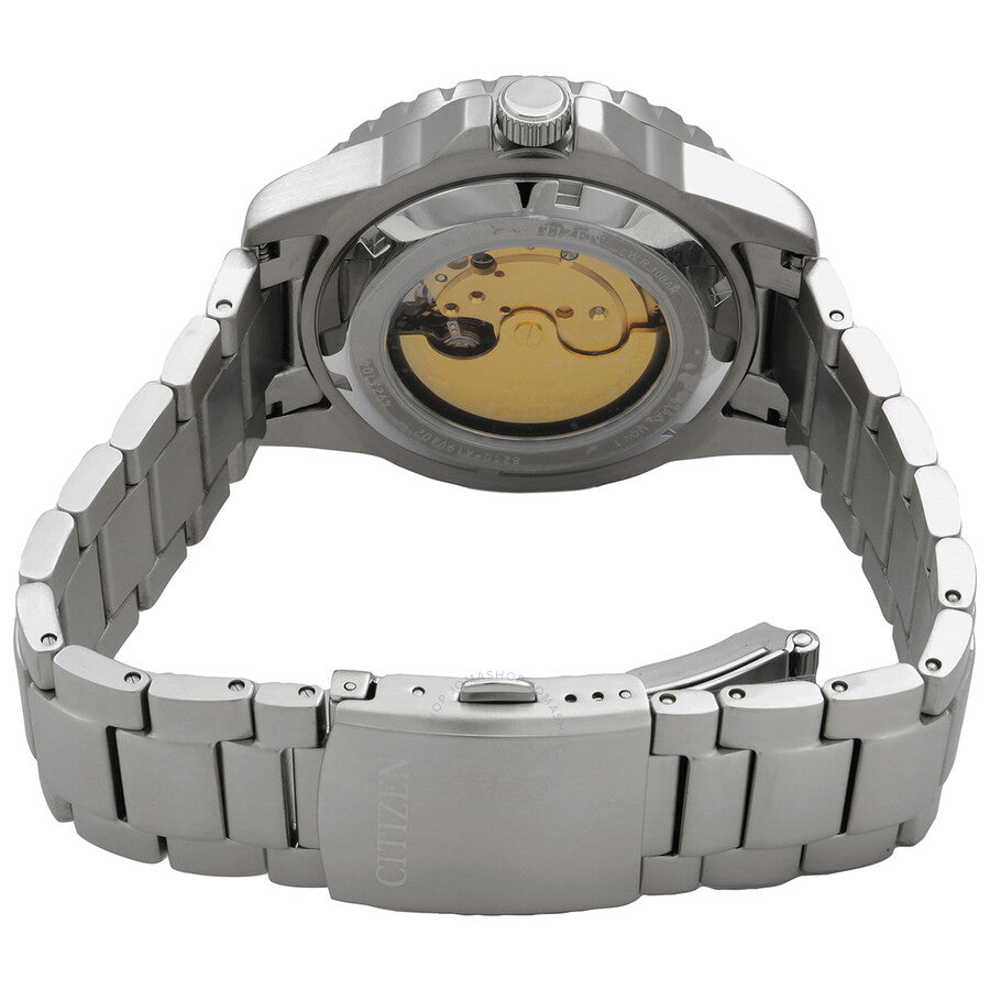 Caseback of Citizen automatic watch showing visible movement and stainless steel bracelet