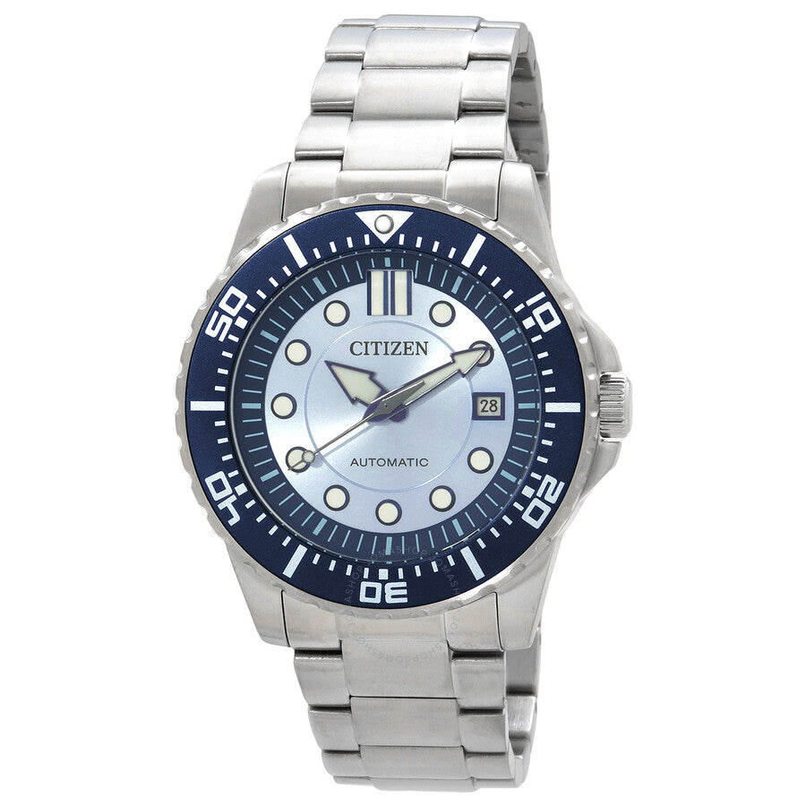 Citizen automatic men's watch with light blue dial, dark blue bezel, and stainless steel bracelet