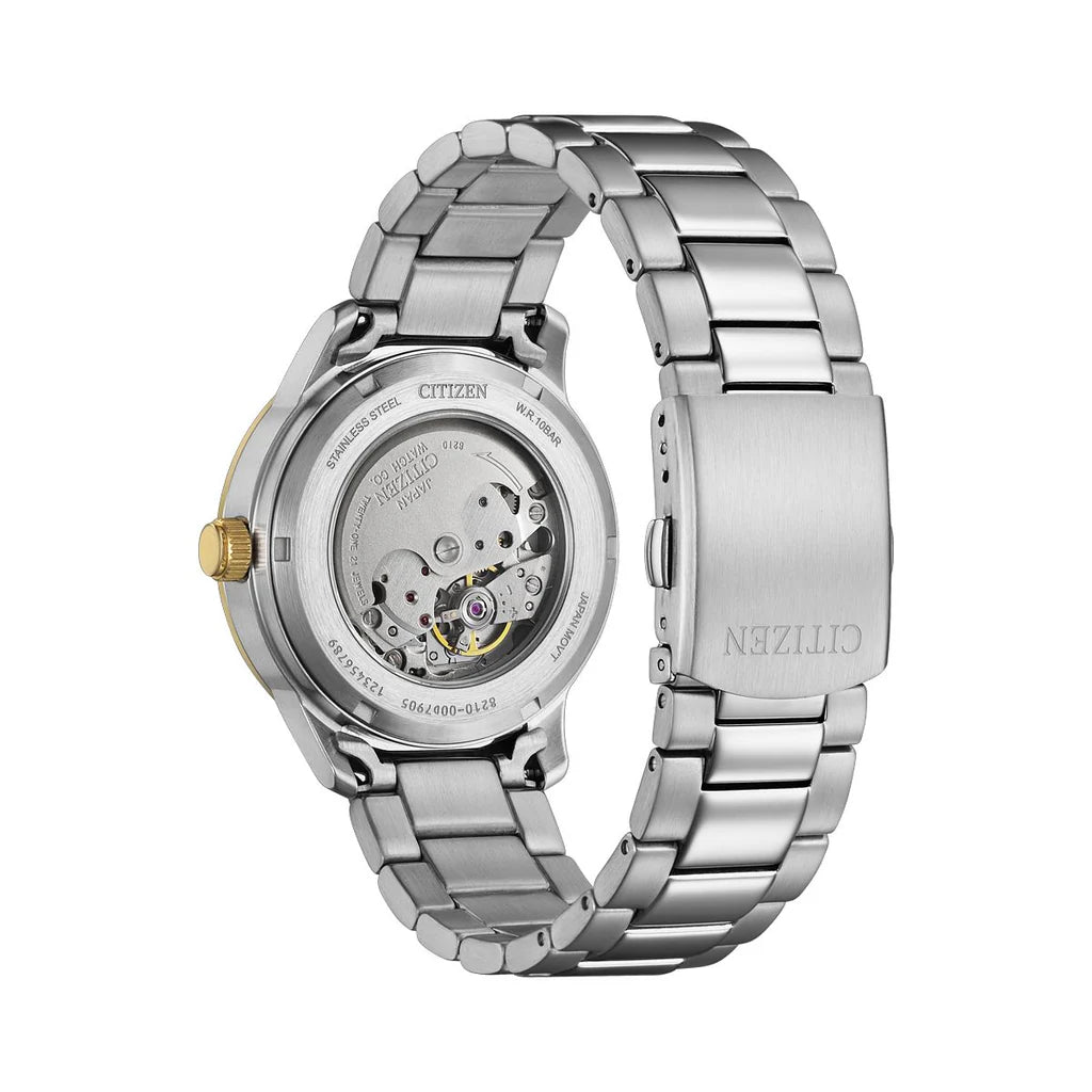 Citizen automatic watch caseback showing visible movement and titanium bracelet