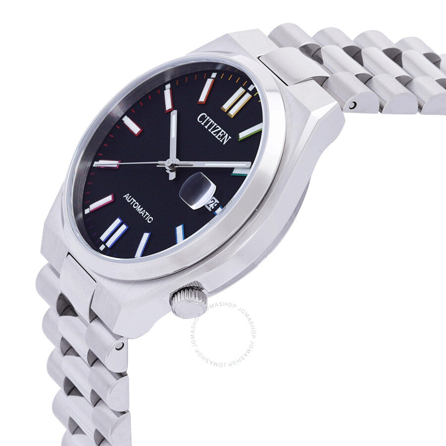 Citizen Tsuyosa watch angled view showing black dial, applied hour markers, and stainless steel case