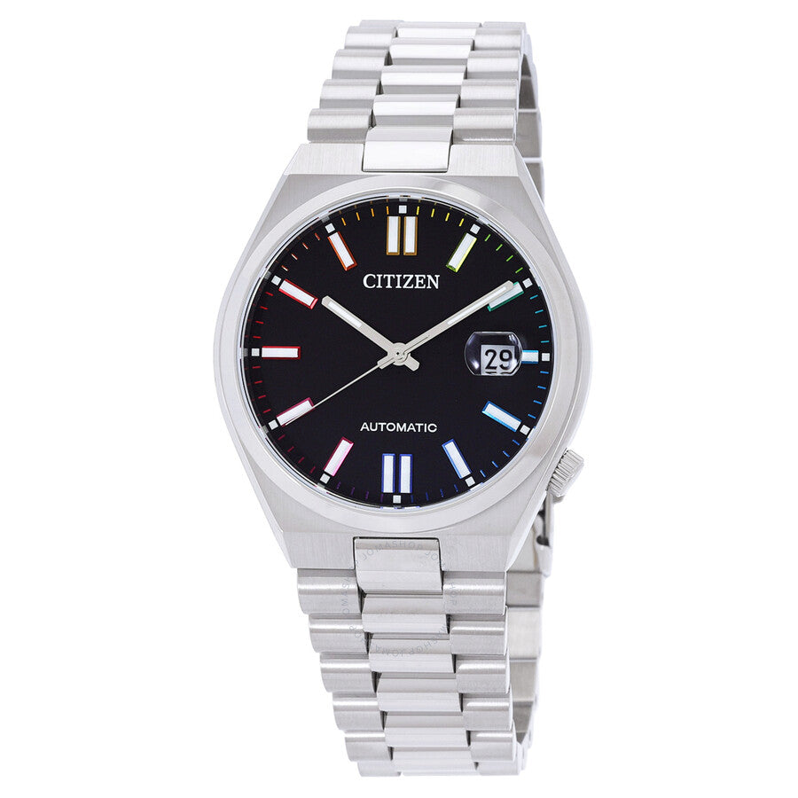 Citizen Tsuyosa automatic men's watch with black dial, date window, and stainless steel bracelet