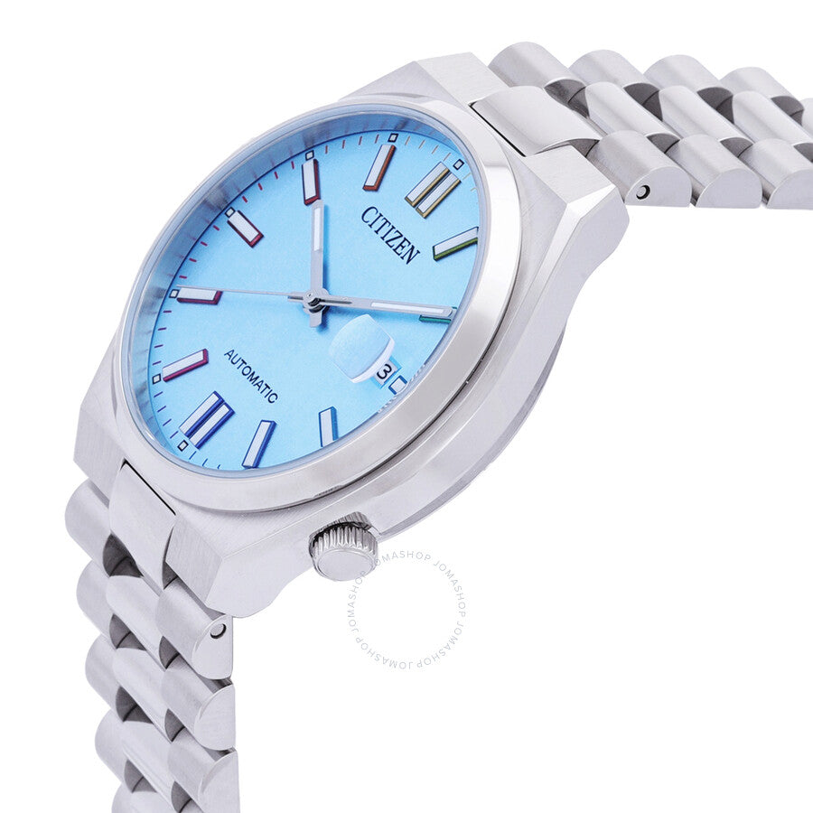Side angle view of Citizen Tsuyosa automatic watch with blue dial and metal bracelet