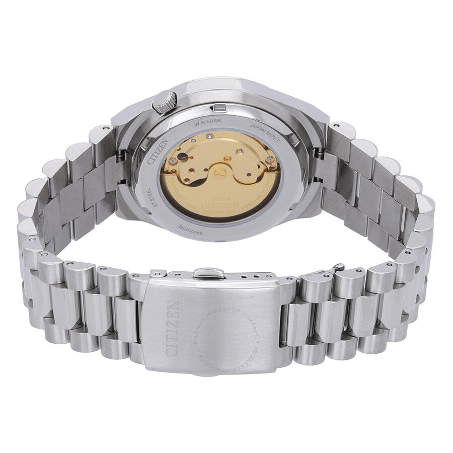 Caseback of Citizen Tsuyosa automatic watch showing visible movement and stainless steel bracelet
