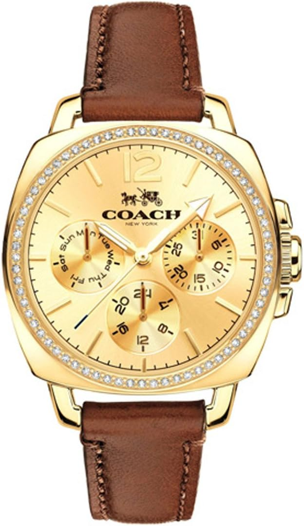 Coach women's quartz watch with gold dial, diamond bezel, brown leather strap, and chronograph subdials