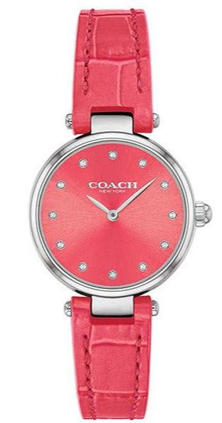 Coach women's watch with pink dial, crystal indices, silver-tone case, and pink leather strap