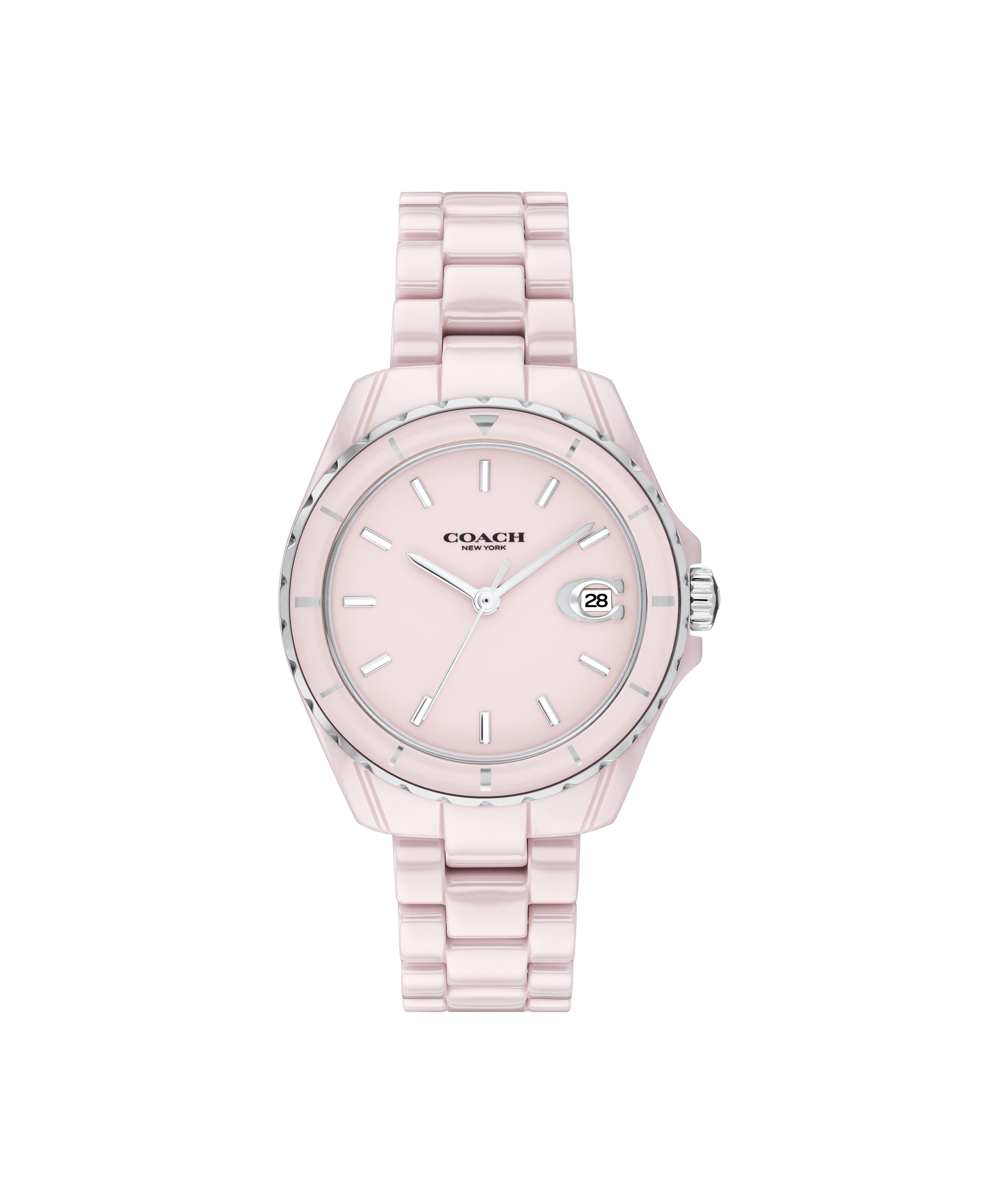 Coach pink stainless steel women's watch with sunburst dial and date window