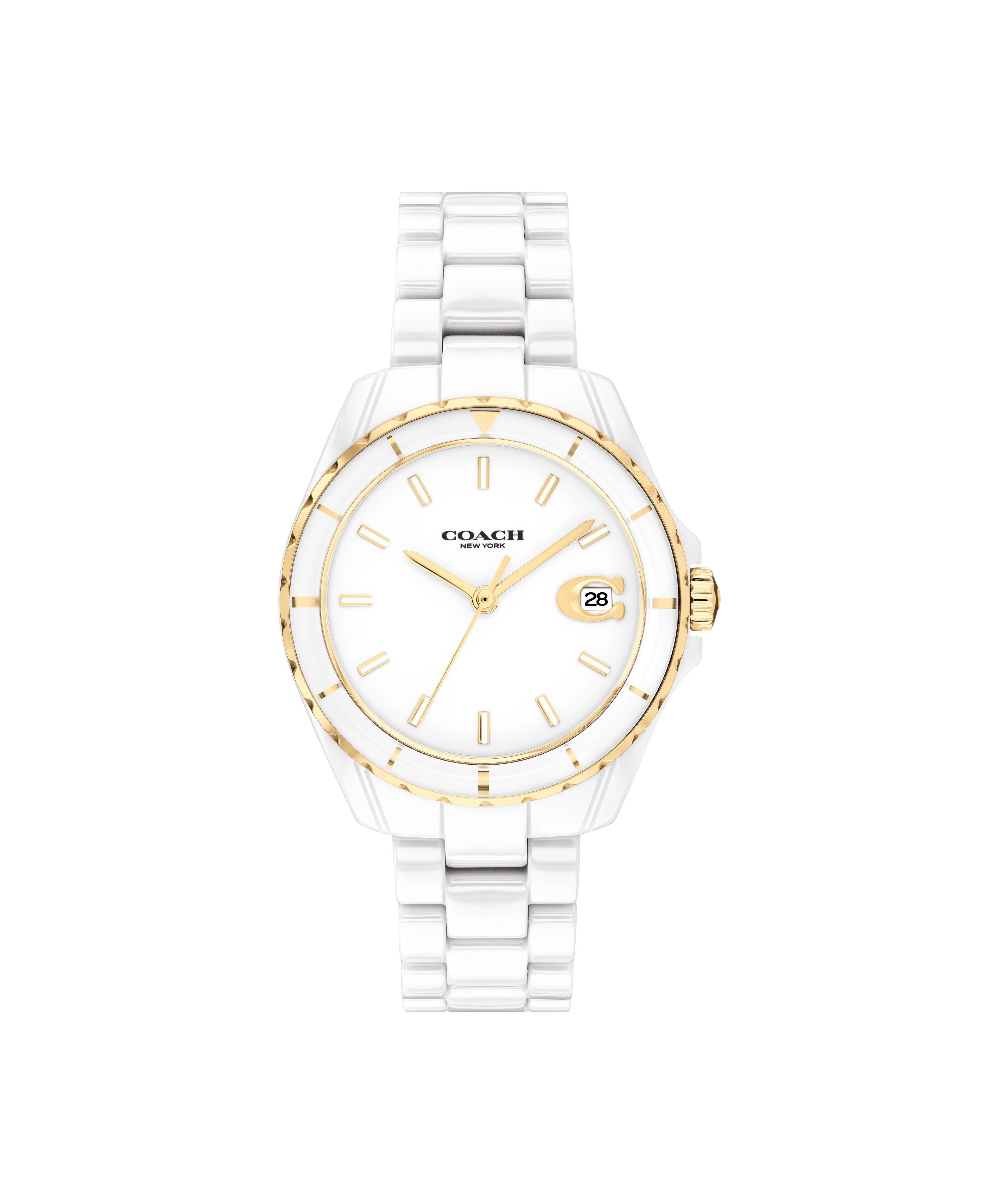 Coach white ceramic women's watch with gold-tone bezel, white dial, and date window