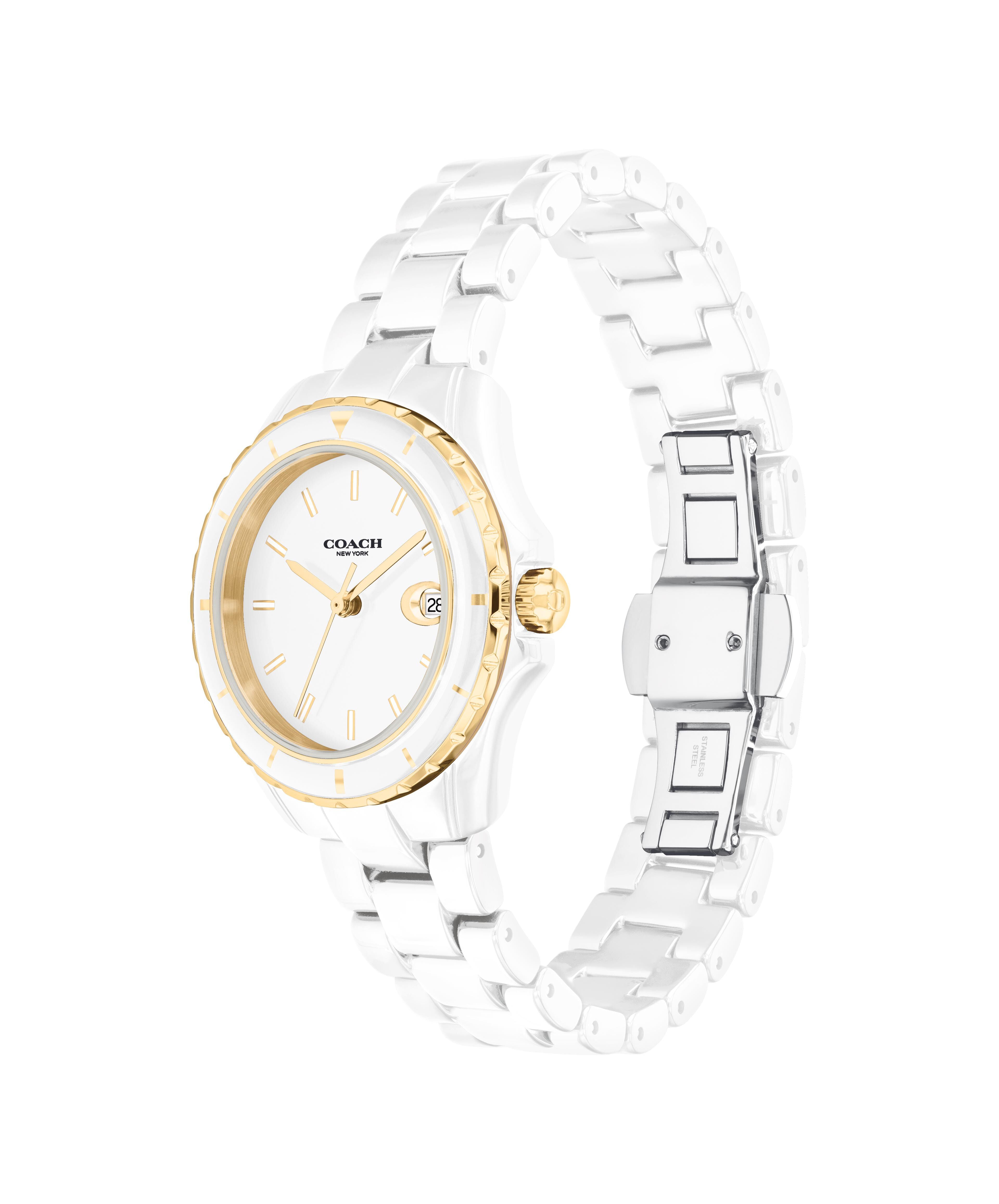 Coach white ceramic women's watch side view showing ceramic strap and profile