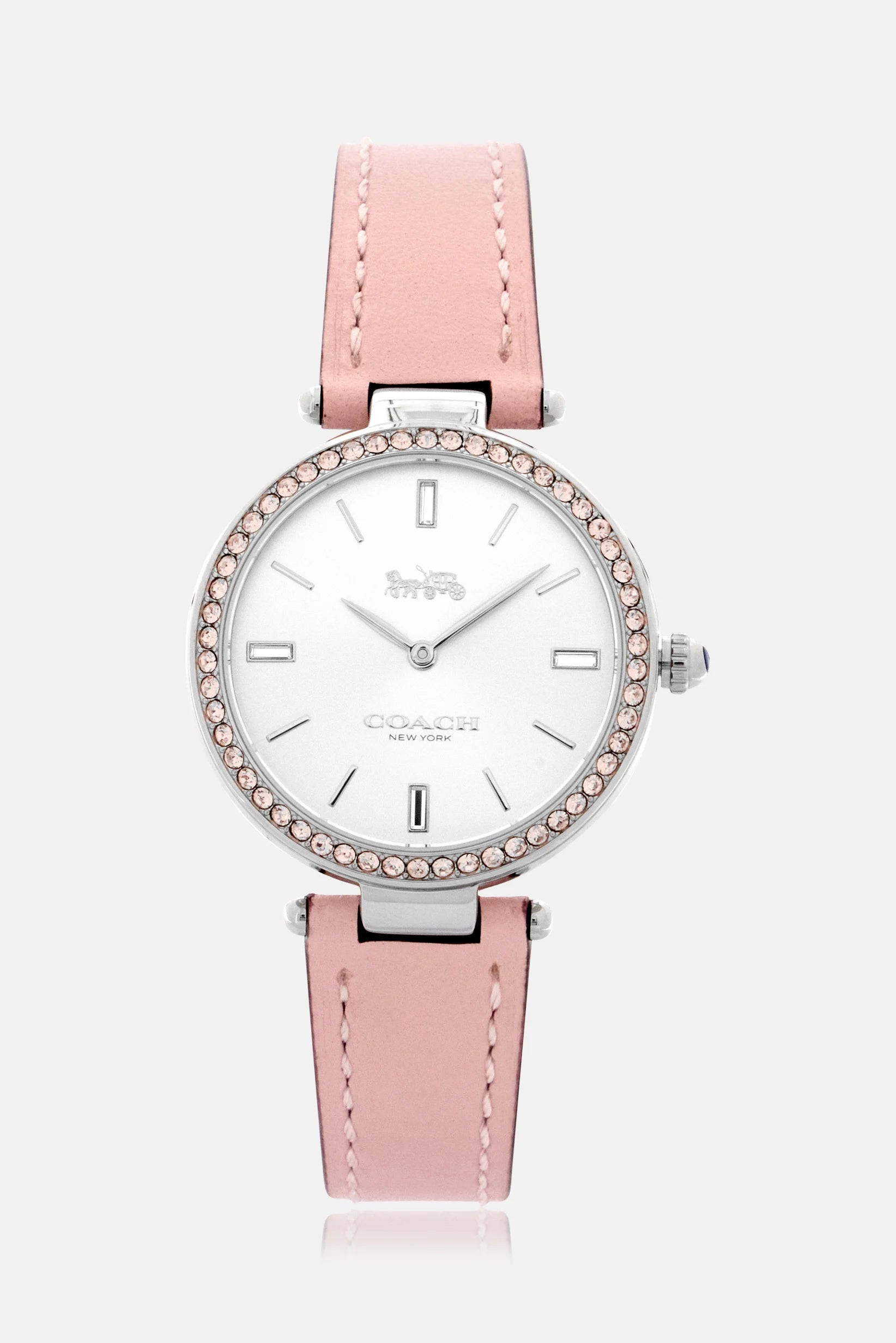 Coach ladies watch with pink leather band, white dial, and crystal bezel