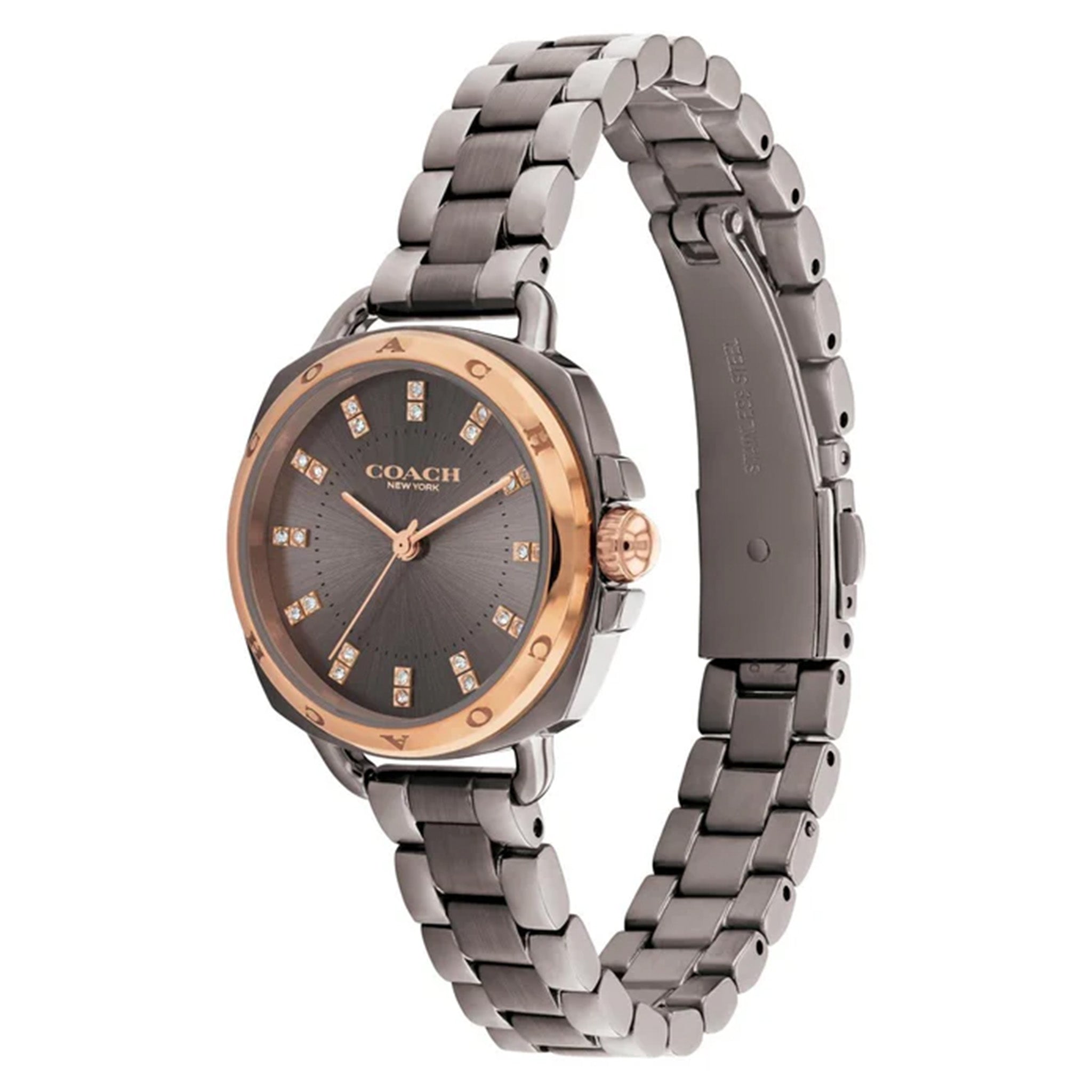 Coach women's watch angled view showing grey steel bracelet and rose gold crown