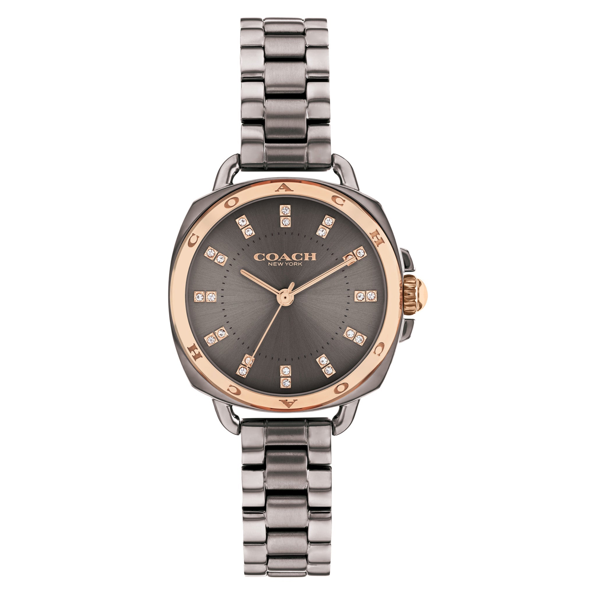 Coach grey steel women's watch with rose gold bezel and diamond markers on dial
