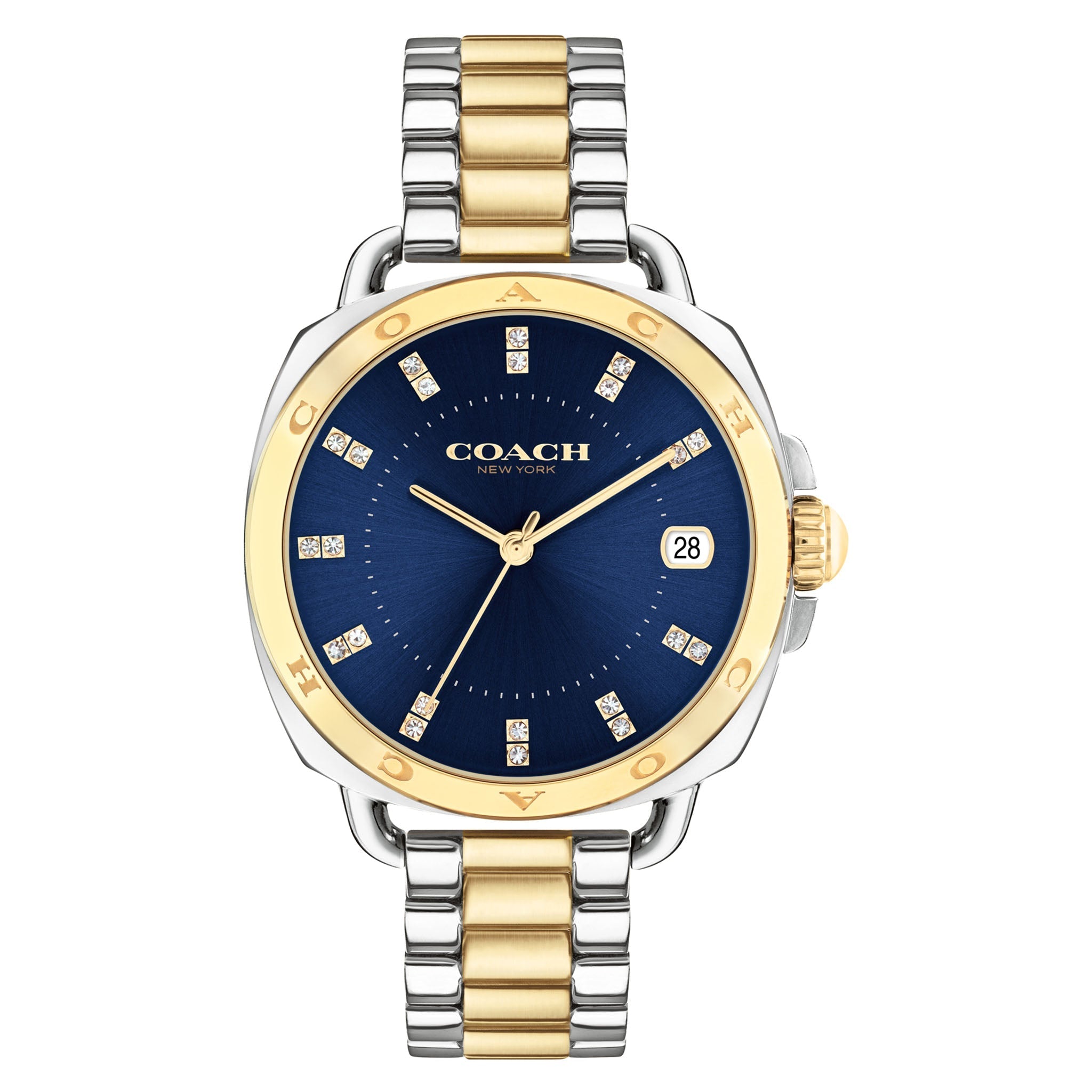 Coach two-tone stainless steel women's watch with blue dial and diamond hour markers