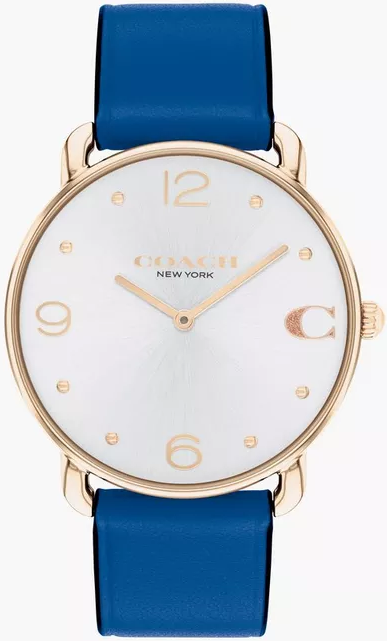 COACH round analog women's watch with white dial, rose gold numerals, and blue leather strap