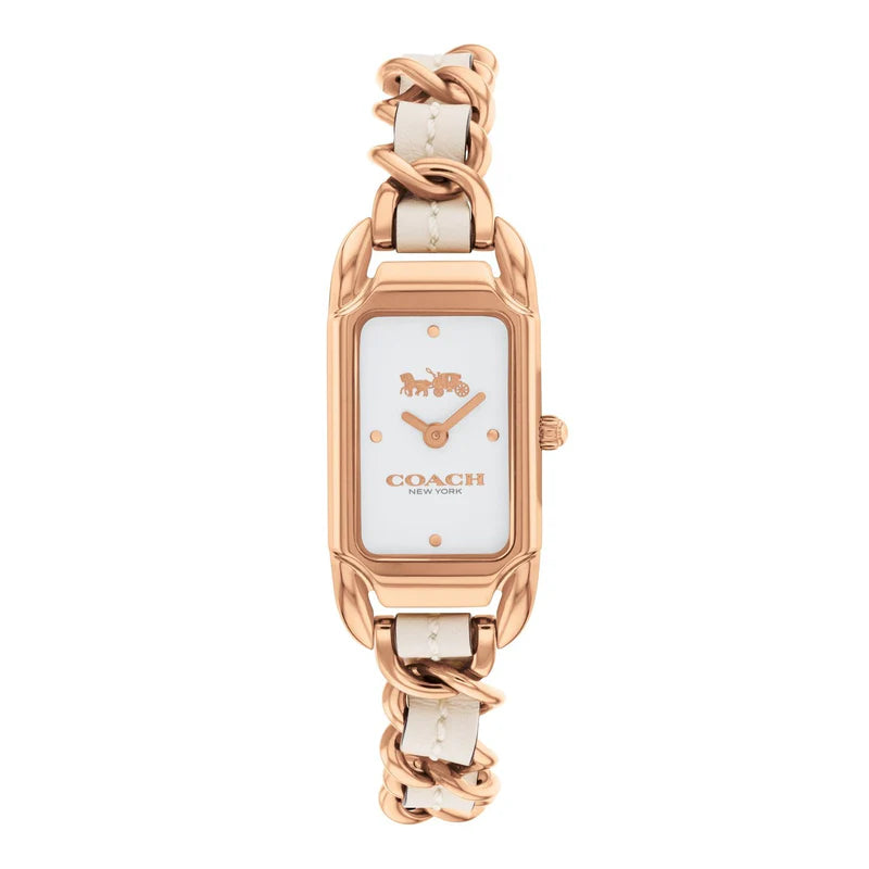 Coach rectangular rose gold women's watch with white dial and chain leather bracelet