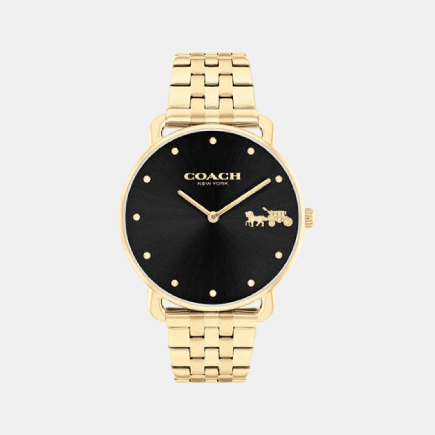 Coach gold steel watch with black dial, gold markers, Coach logo, and coach horse design