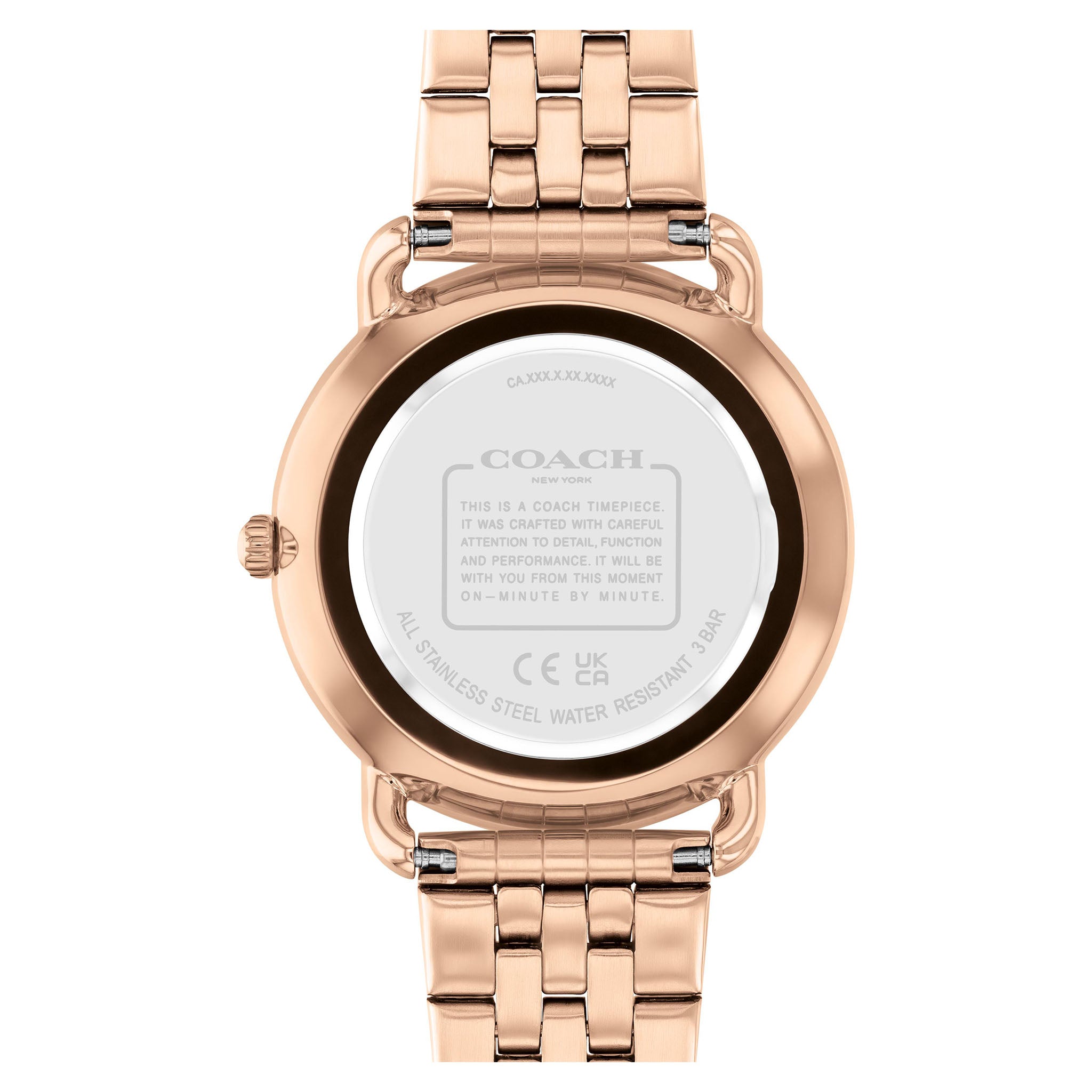 Coach rose gold steel women's watch caseback with engraved text and certifications