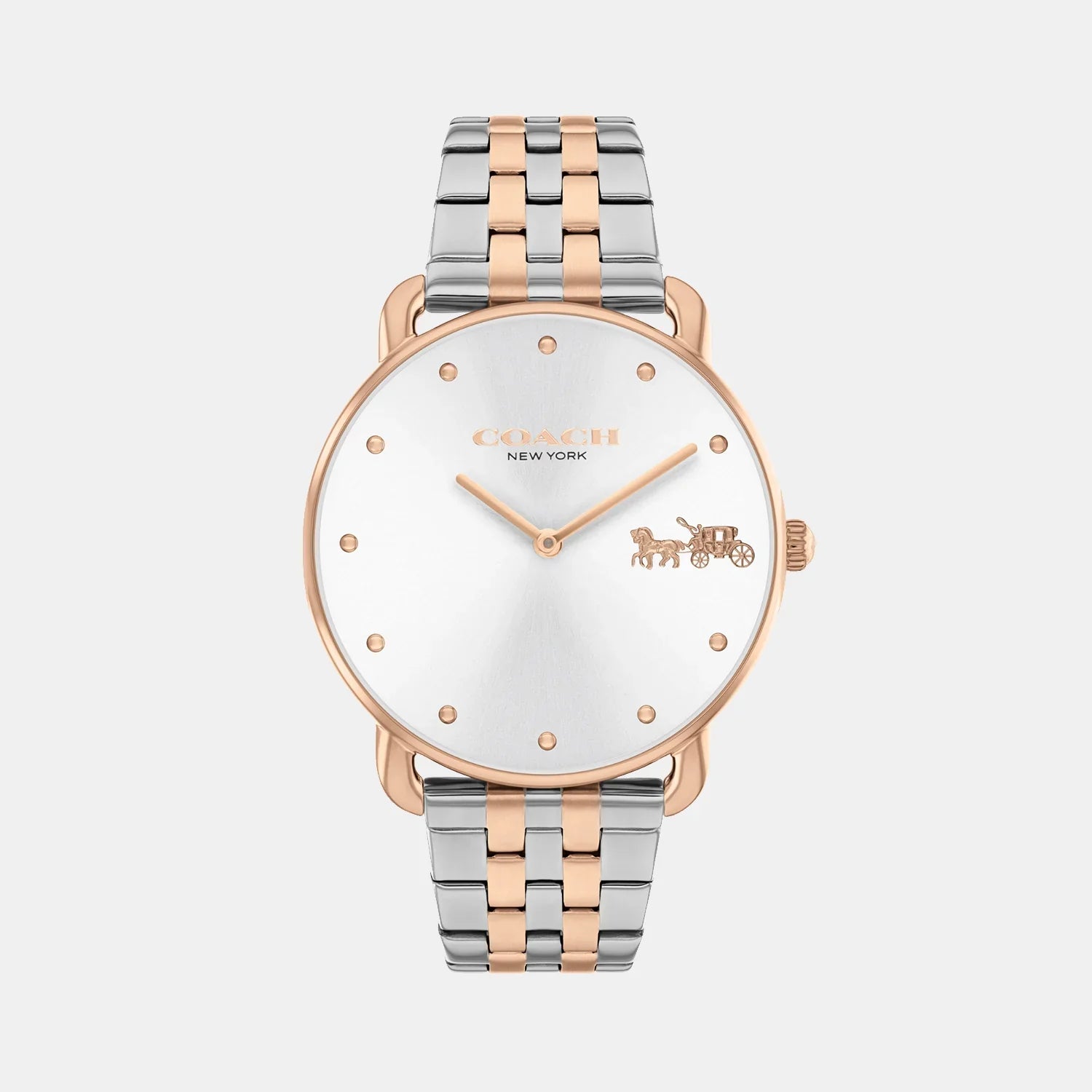 Coach two-tone stainless steel women's watch with rose gold case and silver dial