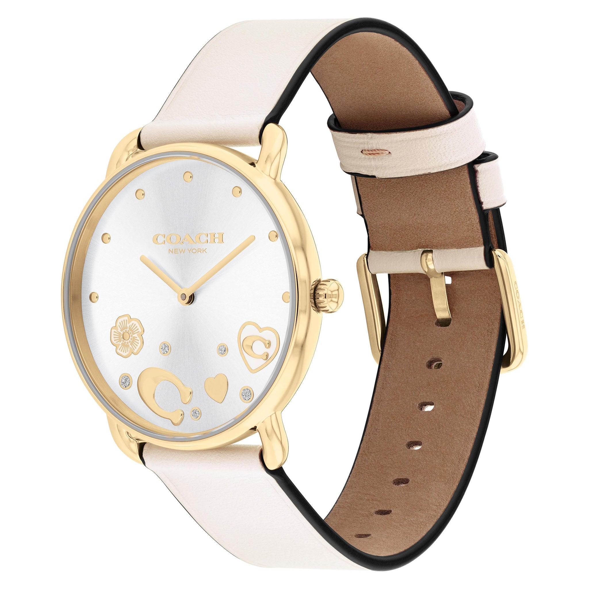 Coach Women's Watch showing chalk leather strap with gold-tone hardware